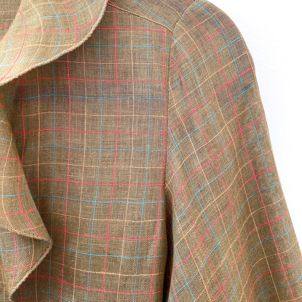 Vintage 70's Gucci Plaid Ruffle Front Shirt Top Long Sleeve Linen Brown Size 40 - Picture 3 of 7